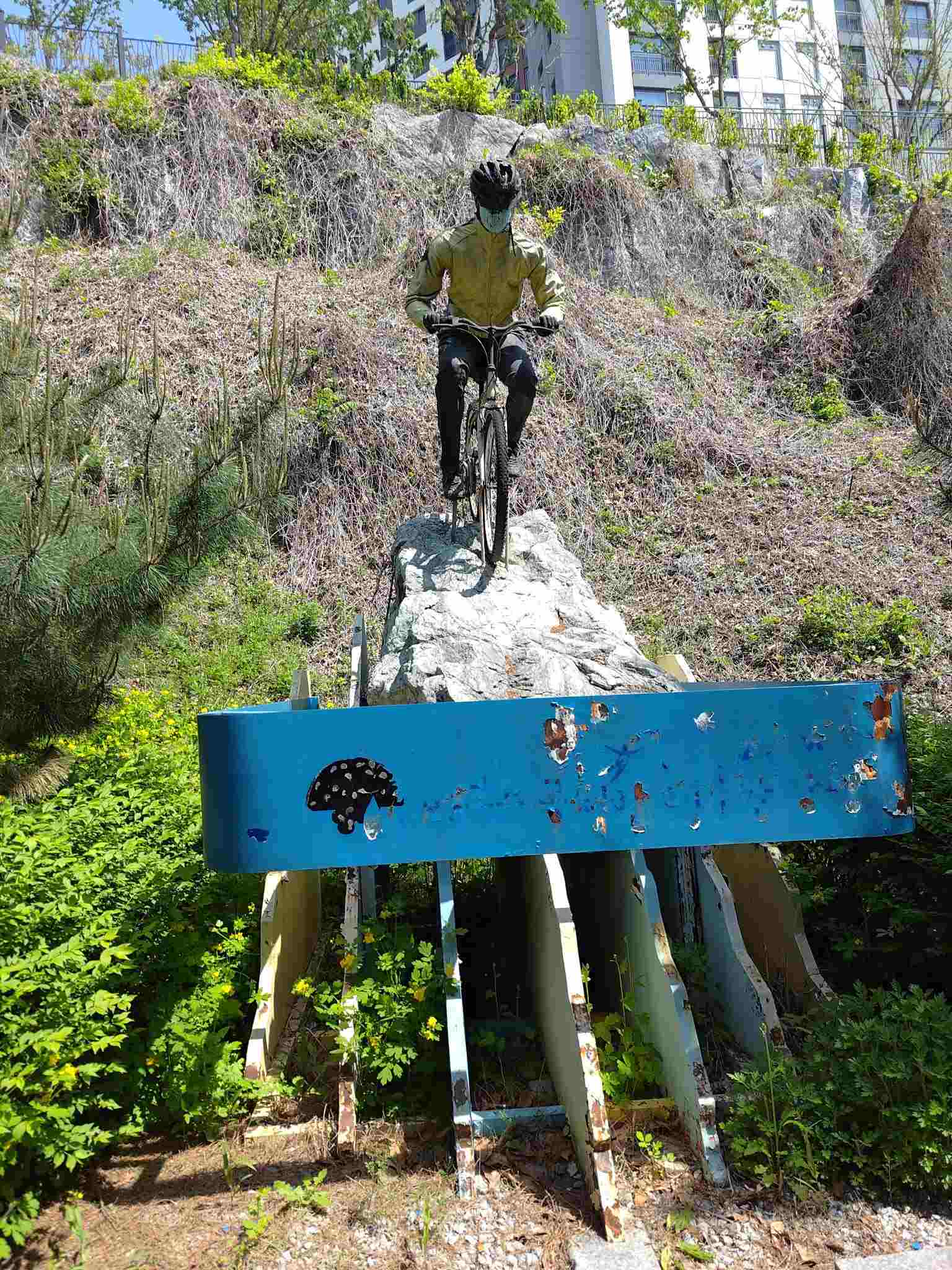 status of a guy on a bike on a rock